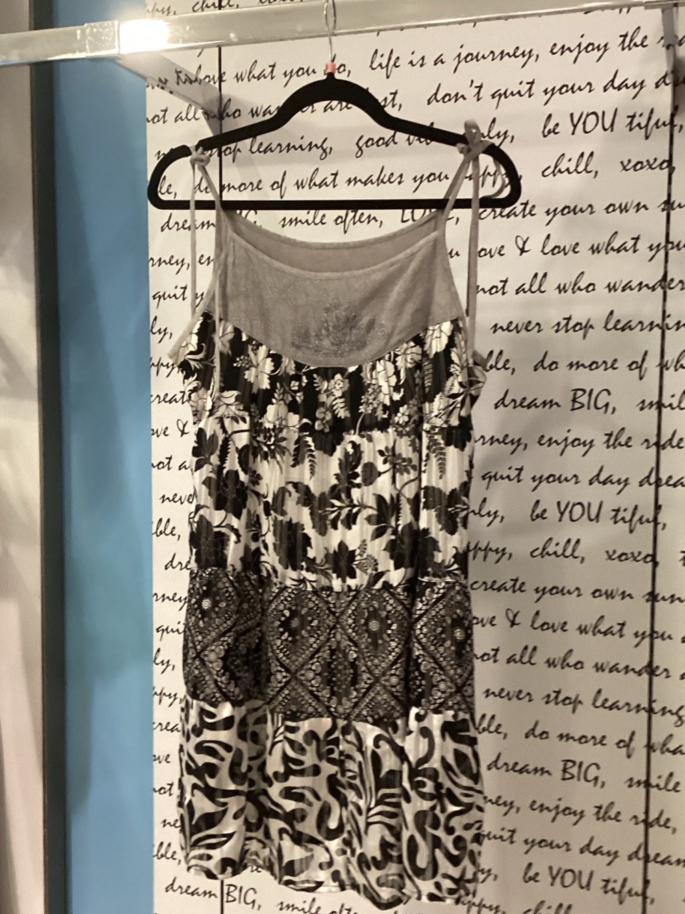 Women's Black and White Mixed Print Mini Dress with Spaghetti Straps